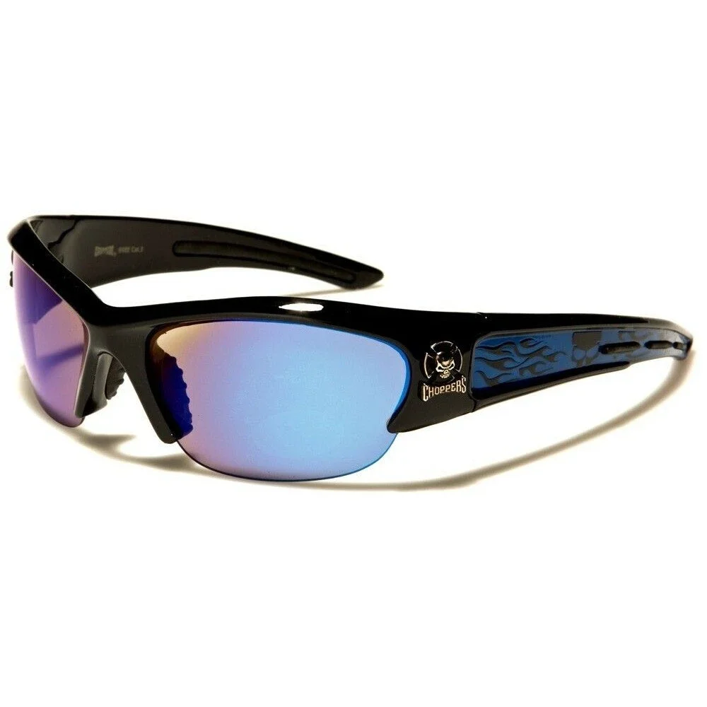 Motorcycle Biker Wrap Shield Chopper Skull Blue Mirrored Lens Sport Sunglasses